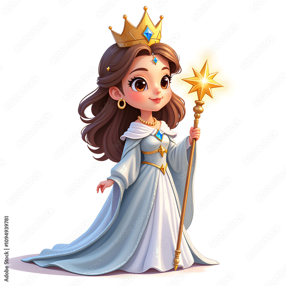 Fototapeta premium Enchanting royal figure with a magical wand in a flowy gown and crown, perfect for fantasy and illustration searches, digital illustration of fantasy character design concept.