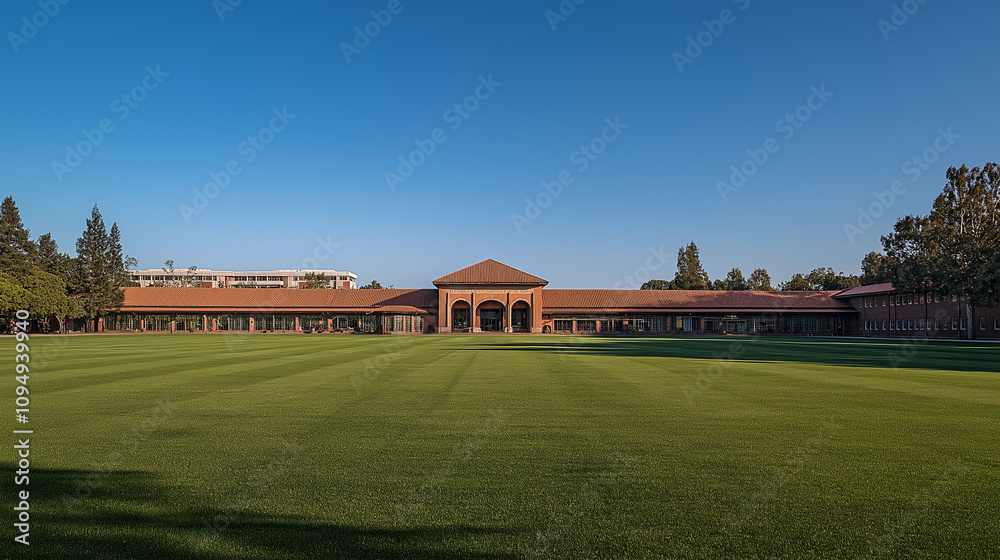 Obraz premium Main campus lawn with a single iconic building - Soft natural light, clear and inviting