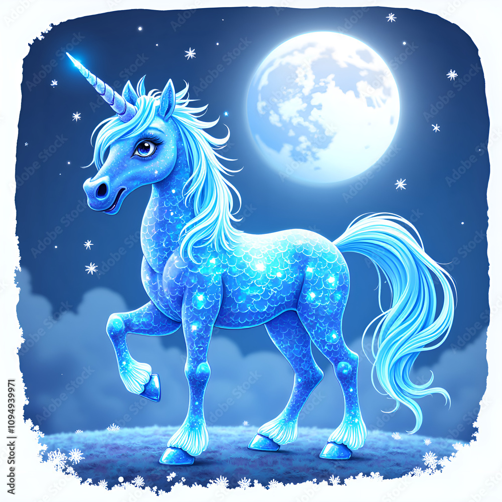 Enchanted blue unicorn under the moonlight surrounded by glittering stars, digital art of fantasy concept. Enchanted blue unicorn under the moonlight surrounded by glittering stars, digital art of fantasy concept.