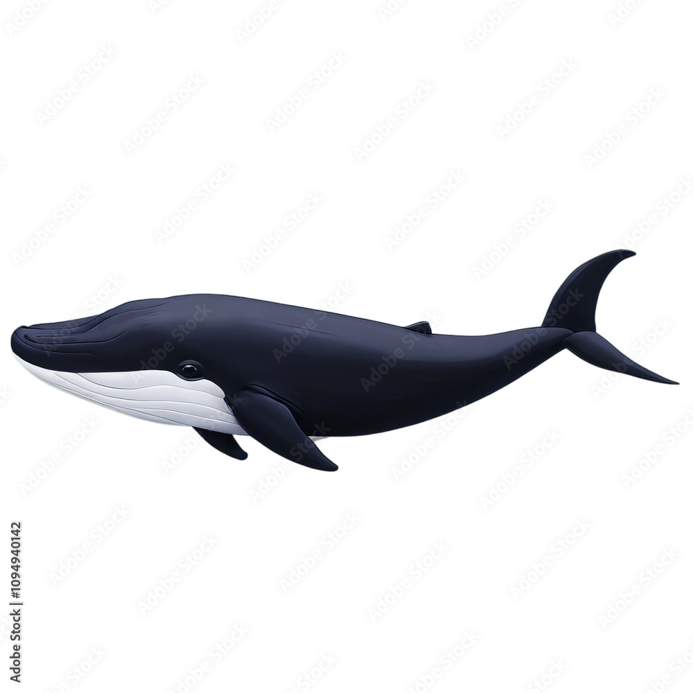 Obraz premium Sleek, dark-blue whale glides through the inky black water. Its white underbelly contrasts sharply against its dark body. A majestic creature of the deep.