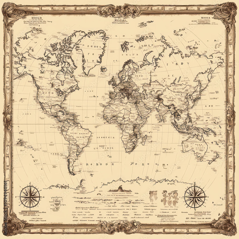 Antique World Map Design Showing Continents and Oceans Antique World Map Design Showing Continents and Oceans