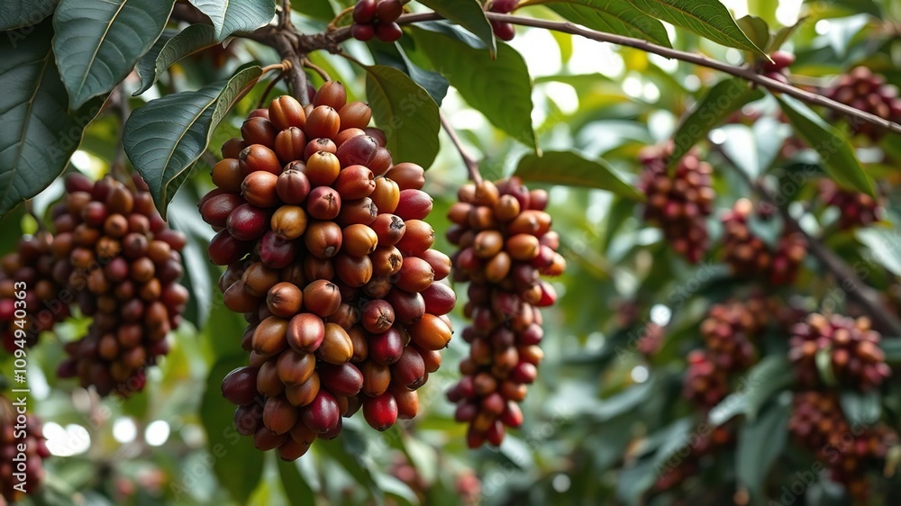 Obraz premium Freshly picked coffee beans hanging from branches on a coffee tree, pod, fruit
