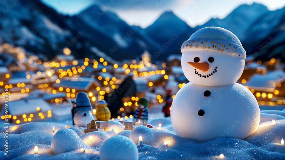 Obraz premium A cheerful snowman stands in a snowy landscape, illuminated at night.