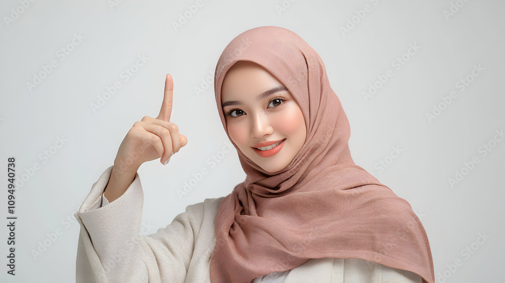 A Close-Up Portrait of a Young Woman Wearing a Light Brown Hijab, with a Smile on Her Face, and Pointing Upwards with Her Right Index Finger, Against a White Background, With a Soft, Natural Light. A Close-Up Portrait of a Young Woman Wearing a Light Brown Hijab, with a Smile on Her Face, and Pointing Upwards with Her Right Index Finger, Against a White Background, With a Soft, Natural Light.