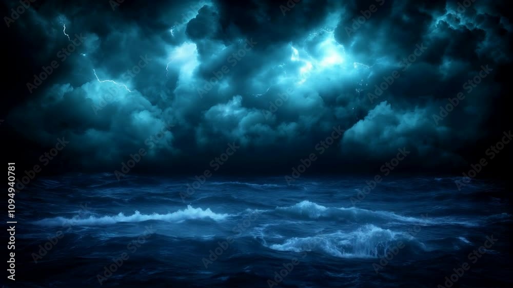 Dramatic Thunderstorm Over Dark Ocean Waves with Lightning Illuminating the Stormy Clouds in an Ominous Night Scene Dramatic Thunderstorm Over Dark Ocean Waves with Lightning Illuminating the Stormy Clouds in an Ominous Night Scene