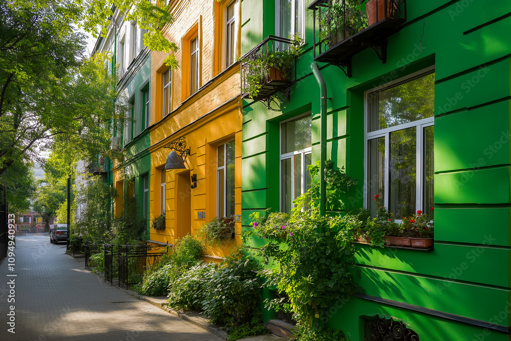 Naklejka premium Vibrant Residential Street with Colorful Green and Yellow Facades and Lush Vegetation