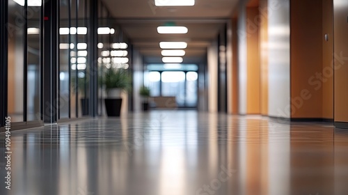 Defocused background image of a spacious hallway in a modern office.