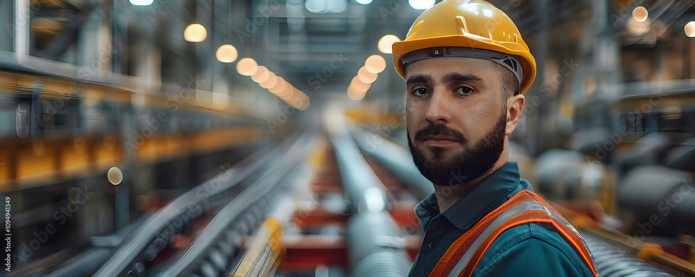 A Focused Industrial Worker in a Factory Setting, Wearing a Safety Helmet and Vest, Confidently Gazing at the Camera, Amidst Blurred Industrial Machinery. A Focused Industrial Worker in a Factory Setting, Wearing a Safety Helmet and Vest, Confidently Gazing at the Camera, Amidst Blurred Industrial Machinery.