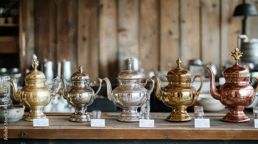 Sparkling samovars line up, ready for a tea party. These traditional Russian kettles, often found at flea markets, represent hospitality and a long-standing tradition of welcoming guests with warmth. Sparkling samovars line up, ready for a tea party. These traditional Russian kettles, often found at flea markets, represent hospitality and a long-standing tradition of welcoming guests with warmth.