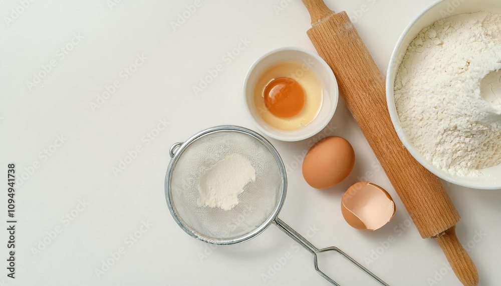 Baking Ingredients Flour, Eggs, and a Rolling Pin Ready for Pastry Making Baking Ingredients Flour, Eggs, and a Rolling Pin Ready for Pastry Making