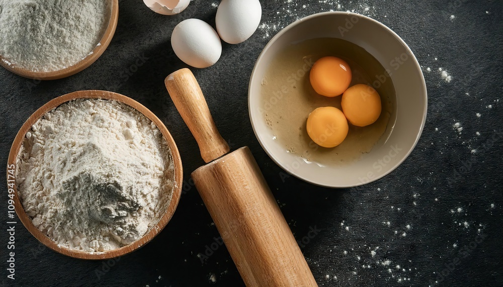 Baking Ingredients Flour, Eggs, and a Rolling Pin Ready for Pastry Making Baking Ingredients Flour, Eggs, and a Rolling Pin Ready for Pastry Making