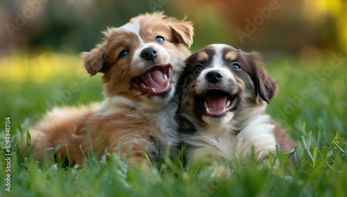 Two happy puppies playing in the grass
