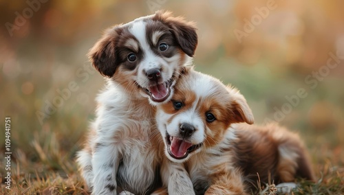 Two happy puppies playing in the grass