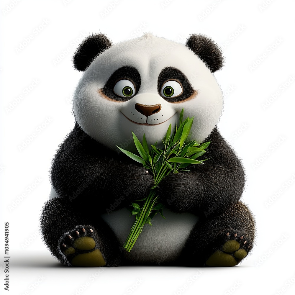 Chubby Panda Holding Green Bamboo on White Background Chubby Panda Holding Green Bamboo on White Background