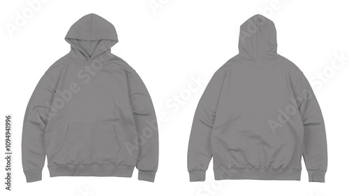 Two gray hoodies are displayed front and back.
