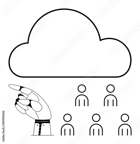 Robotic hand pointing to cloud above human figures. Ideal for technology, connectivity, AI, automation, digital transformation, cloud computing, teamwork. Line metaphor