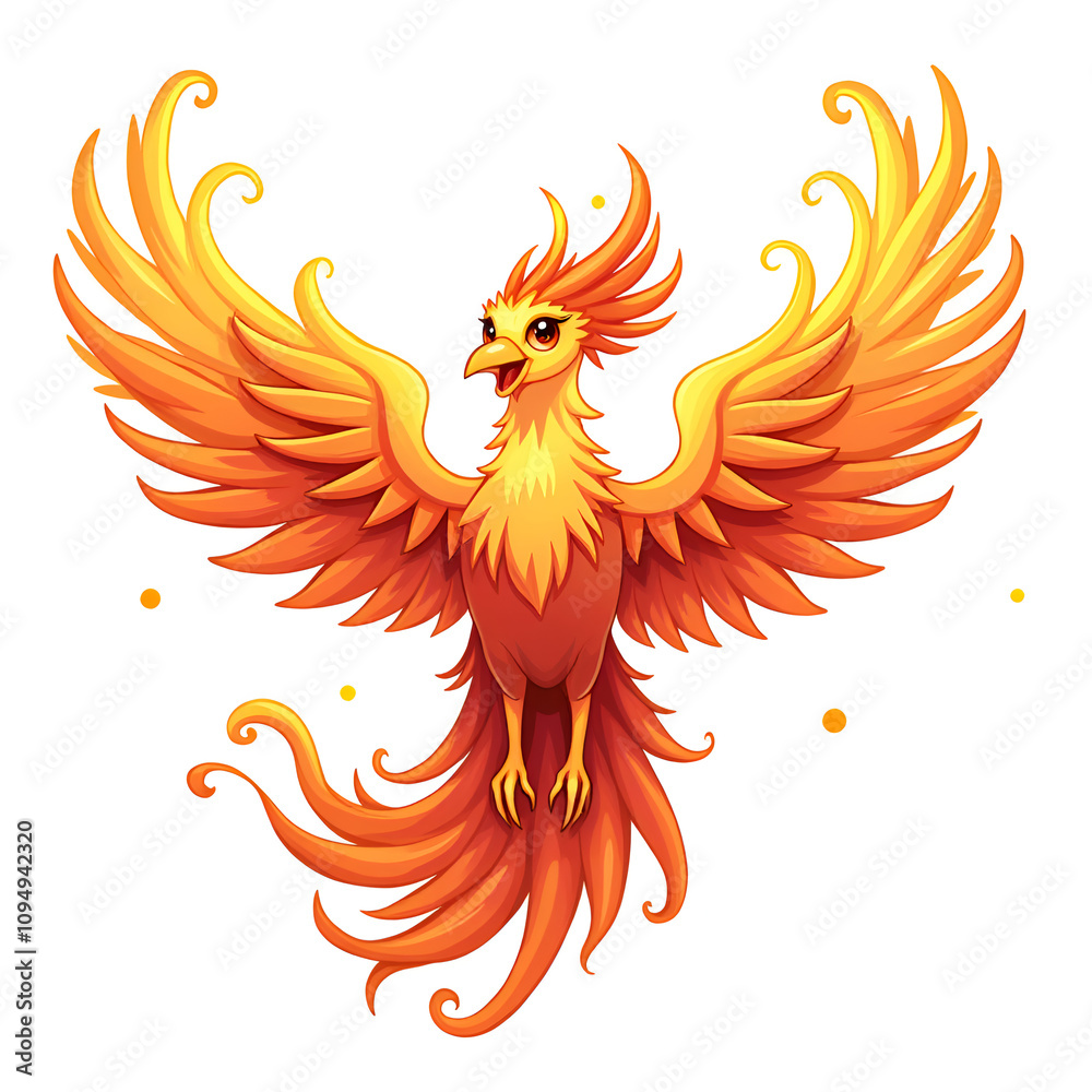 Obraz premium A majestic phoenix with fiery wings spread wide, radiating warmth and vibrancy against a clean background, digital art of fantasy creature concept.