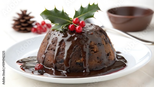 Delicious chocolate pudding served with festive decorations.