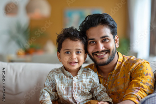 Young happy father of Indian ethnicity with his little son at home