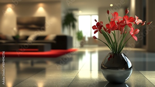 Red Flowers in a Silver Vase in a Modern Living Room. AI Generated photo