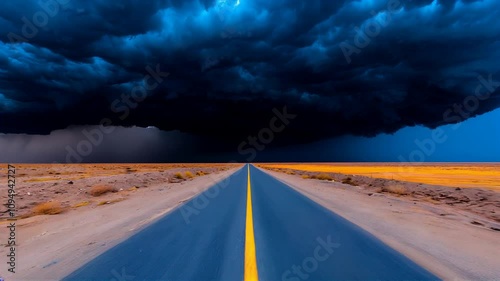 Dramatic Sky with Dark Clouds Above a Stretching Road in a Desert Landscape at Sunset, Evoking Feelings of Uncertainty and Adventure