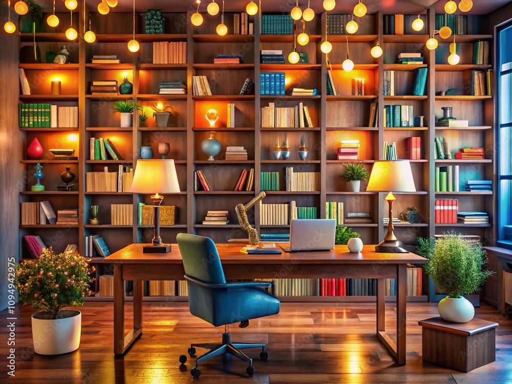 Cozy and Stylish Home Office with Elegant Bookshelves Filled with Colorful Books, Soft Lighting, and Modern Decor for a Productive Workspace Atmosphere Cozy and Stylish Home Office with Elegant Bookshelves Filled with Colorful Books, Soft Lighting, and Modern Decor for a Productive Workspace Atmosphere