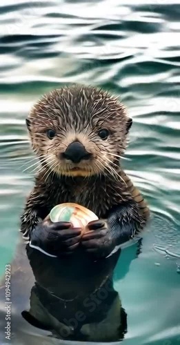 Cute baby otter swimming in water holding a clam shell, showcasing playful aquatic life and adorable marine wildlife in a serene environment