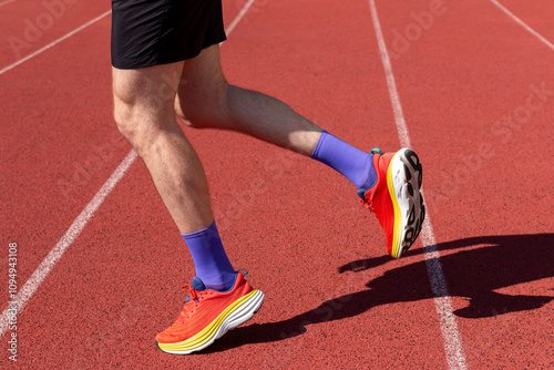 Close-up of a runner's legs and vibrant sneakers on a red track.