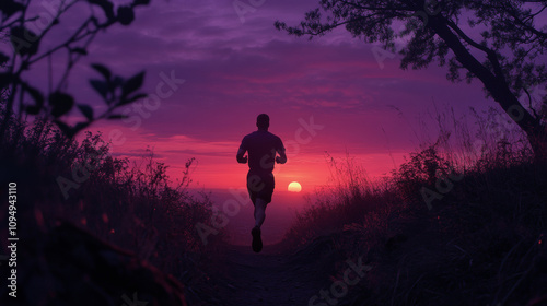 A man running on a trail, his figure outlined against the purple sunset. photo