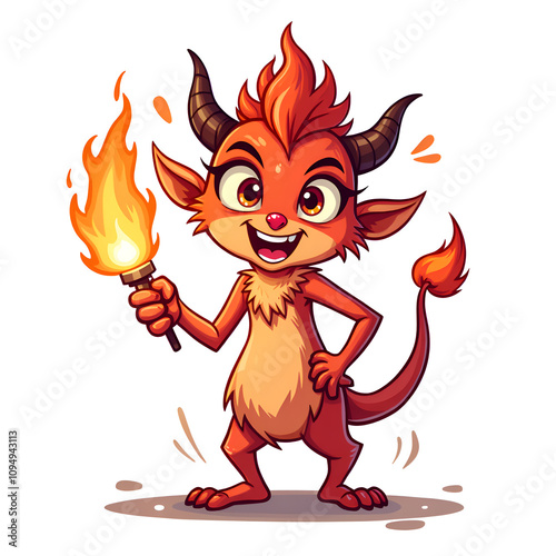 Cheerful little creature holding a torch surrounded by playful flames, digital art of character design concept. photo