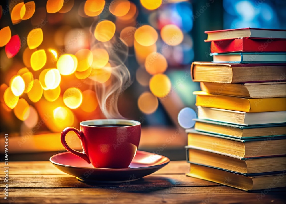 Cozy Coffee Cup Resting on a Stack of Colorful Books, Perfect for a Relaxing Reading Scene with a Warm Ambiance and Inviting Atmosphere, Ideal for Coffee Lovers and Bookworms Cozy Coffee Cup Resting on a Stack of Colorful Books, Perfect for a Relaxing Reading Scene with a Warm Ambiance and Inviting Atmosphere, Ideal for Coffee Lovers and Bookworms
