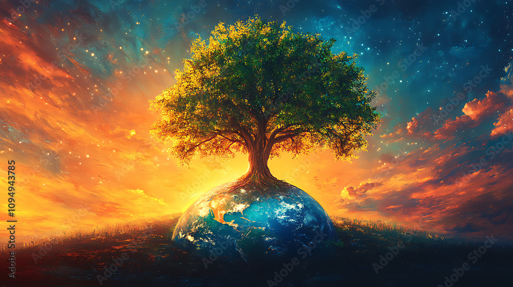 A vibrant tree grows atop a colorful Earth, symbolizing nature and interconnectedness. A vibrant tree grows atop a colorful Earth, symbolizing nature and interconnectedness.