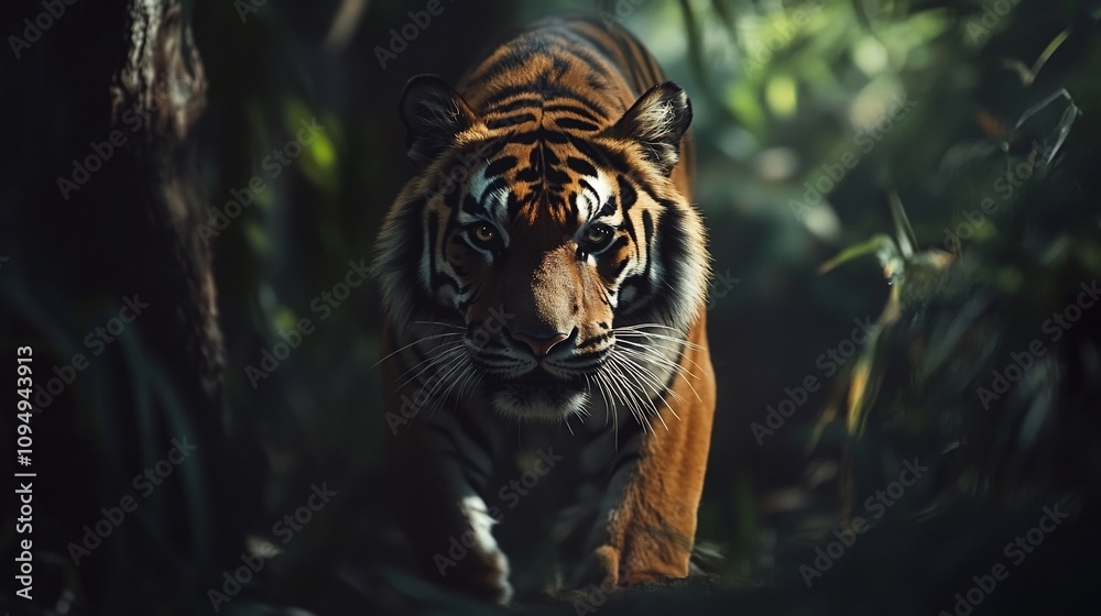 A majestic tiger with piercing eyes stares directly at the camera in a lush jungle setting. A majestic tiger with piercing eyes stares directly at the camera in a lush jungle setting.