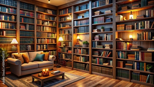 Cozy Home Library with Cartoon Bookshelves Filled with Thick Literary Volumes, Colorful Spines, and Covers Featuring Prose and Poetry in a Warm Atmosphere photo