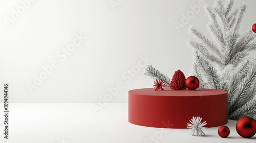 Christmas decorations, red pedestal, white background, fir branches, ornaments, festive setting with pinecones and snowflakes, holiday themed composition photo