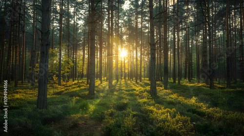 Sunbeams Illuminate a Lush Pine Forest at Dawn, Creating a Serene and Magical Atmosphere.