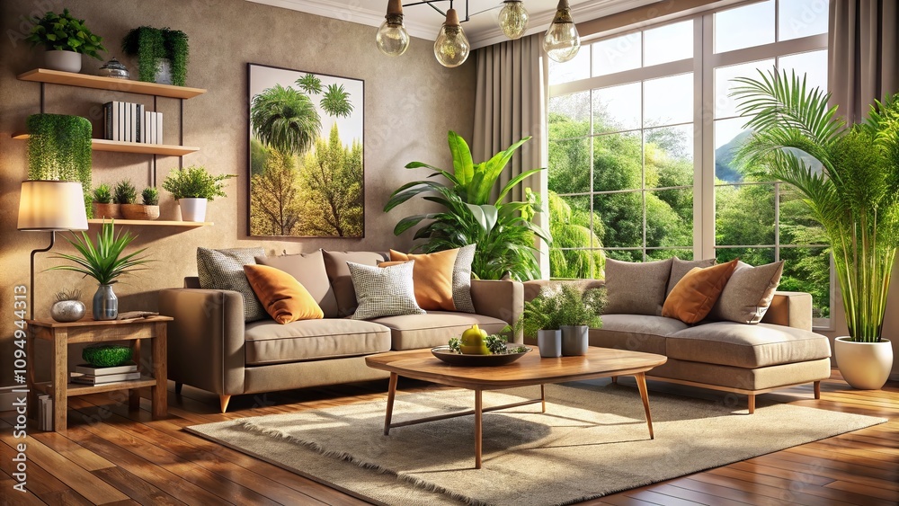 Cozy Living Room with Taupe Color Sofa Surrounded by Stylish Decor and Natural Light, Perfect for Candid Photography and Home Design Inspiration Cozy Living Room with Taupe Color Sofa Surrounded by Stylish Decor and Natural Light, Perfect for Candid Photography and Home Design Inspiration