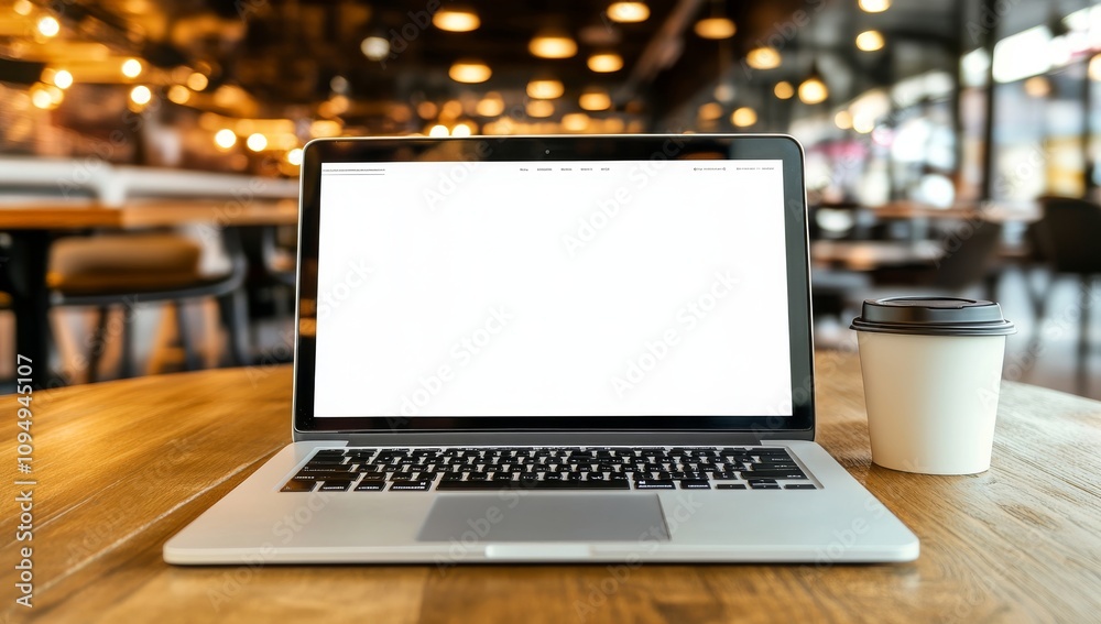 Laptop with blank white screen on table in modern office, close-up Laptop with blank white screen on table in modern office, close-up