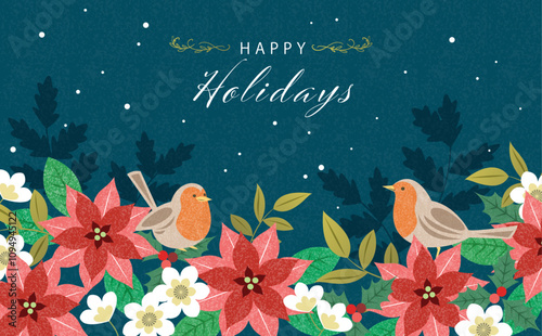 A cute and pop Christmas design template featuring a robin, poinsettias, and a holly background. Hand-drawn holiday illustrations of Christmas birds and plants for cards, banners, and posters.