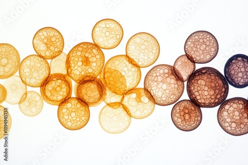 Transparent fungal spores arranged in circular clusters in golden and brown hues, floating against a clean white background, evoking a sense of growth and delicacy..