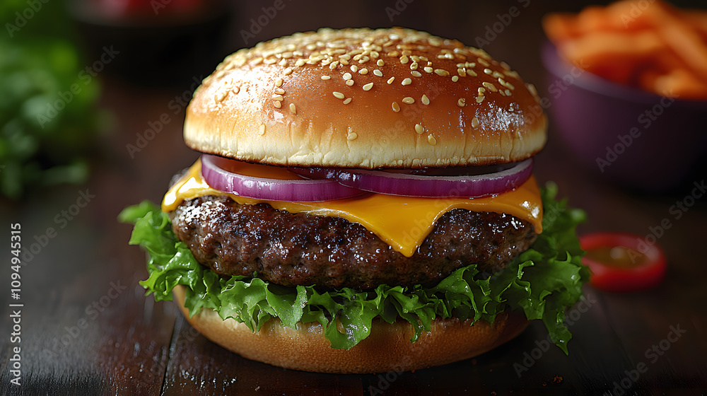 A photorealistic advertising shot of an epic burger stacked with fresh ingredients including a juicy patty, crispy lettuce, ripe tomatoes, and melted cheese, showcasing mouth-watering details to captu A photorealistic advertising shot of an epic burger stacked with fresh ingredients including a juicy patty, crispy lettuce, ripe tomatoes, and melted cheese, showcasing mouth-watering details to captu
