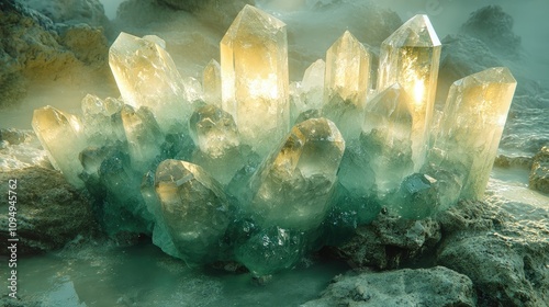 A cluster of large, luminous crystals with a bluish tint, surrounded by rocky terrain.