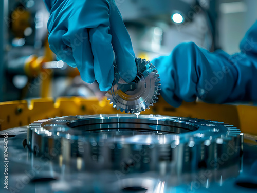 Gloved Hands Carefully Inspecting Precision Metal Gear Component in Industrial Setting