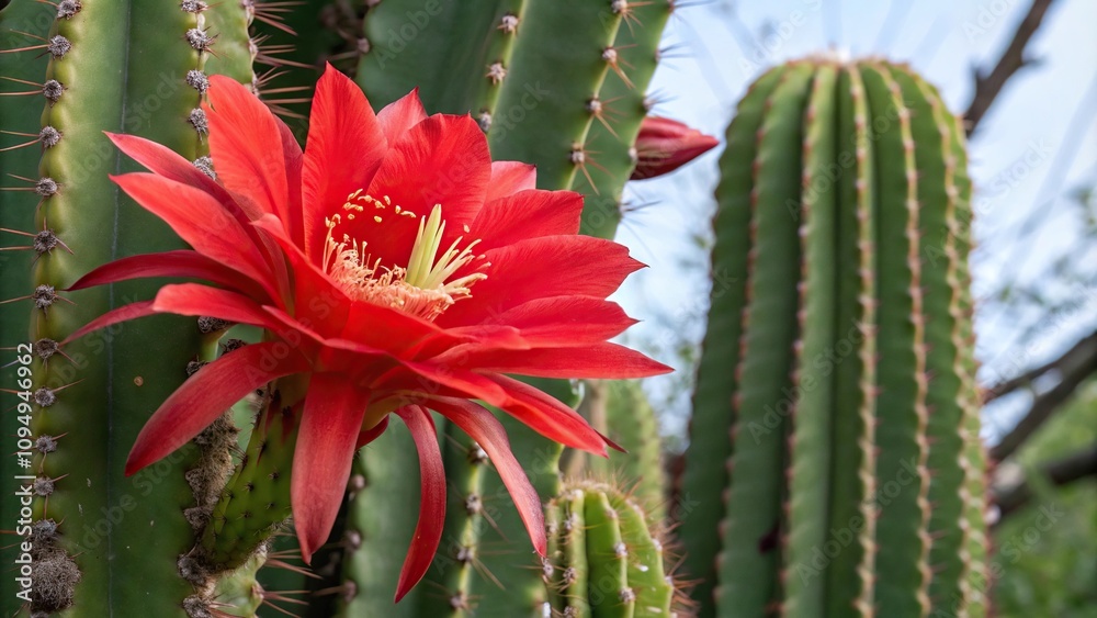 Large vibrant red cactus flower against the backdrop of a lush green cactus stem, nature, red, flora, cactus Large vibrant red cactus flower against the backdrop of a lush green cactus stem, nature, red, flora, cactus