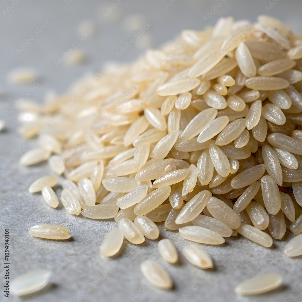 Obraz premium macro shot of small pile of raw rice grains, showcasing their texture and natural color. grains are scattered on surface, creating visually appealing composition