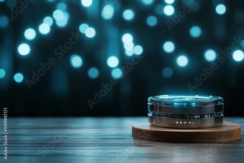 A sleek, futuristic gadget resting on a table with glowing bokeh lights in the background, creating an aura of mystery and technological advancement.