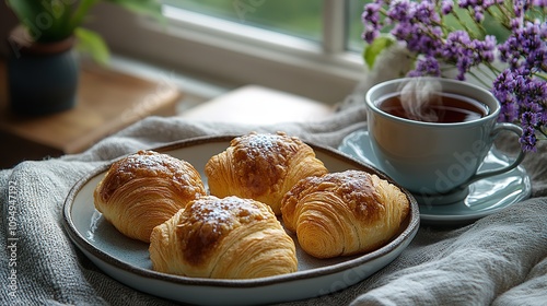 tray overflows with an array of delectable pastries alongside a steaming cup of tea, creating a harmonious scene of indulgence and comfort, Mother`s Day concept, breakfast in bed. 8k Resolution photo