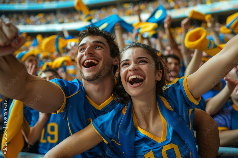 Fototapeta premium Young energetic friends cheering in a crowded football stadium