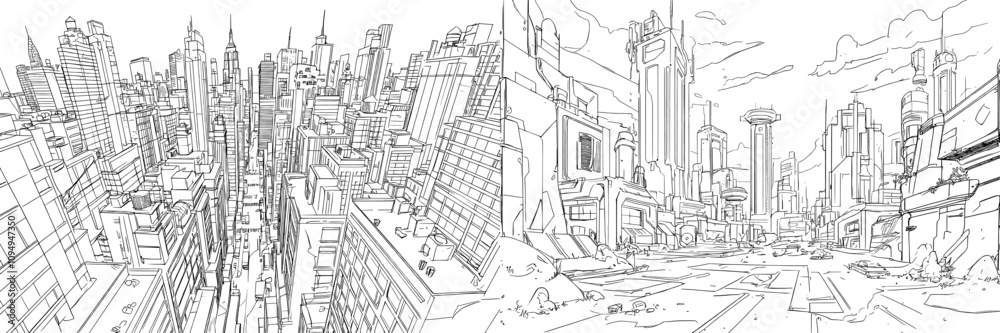 Obraz premium In a single, unbroken line, a modern cityscape is drawn, highlighting the metropolitan architecture and a panoramic landscape, with New York skyscrapers depicted as hand-drawn silhouettes and