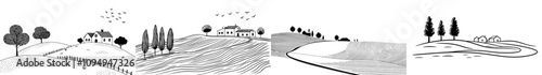 A rural scene featuring houses nestled among hills, depicted with a single continuous line on a white background. Graphic illustration.